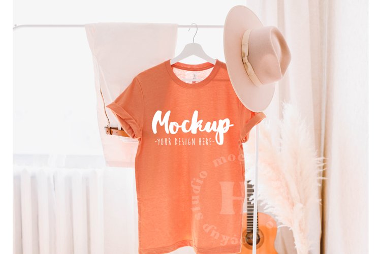 Heather Orange 3001 Bella Canvas Hanging Tshirt Mockup
