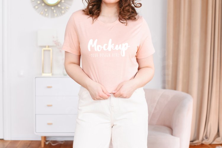 Bella Canvas 3001 Heather Peach T-shirt Mockup | Model Mock example image 1