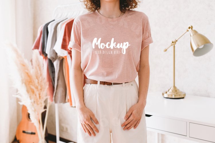 Heather Prism Peach 3001 Bella Canvas Tshirt Mockup | Model