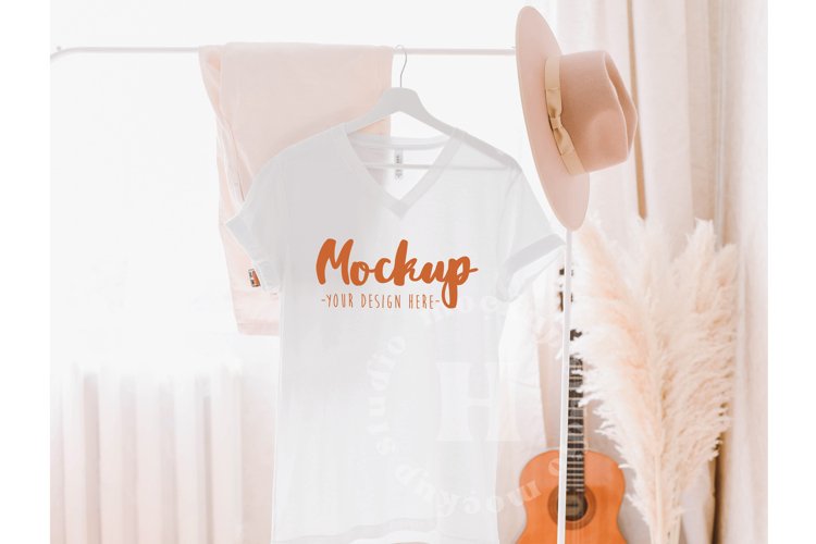 White 3005 Bella Canvas Tshirt Mockup | Boho Hanging Mockup example image 1