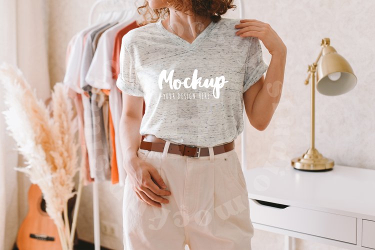 White Marble 3005 Bella Canvas Tshirt Mockup | Boho Model example image 1