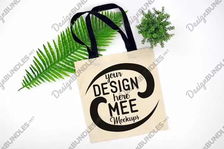 Natural Tote Bag Mockup with Black Handles, Green, Nature
