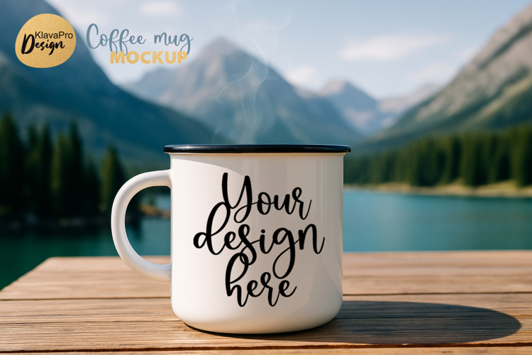 Camping Mug Mockup Enamel Cup Lake View Mountains