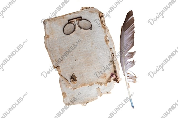aged sheet of paper with vintage glasses and ink feather pen example image 1
