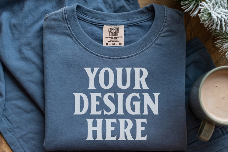 True Navy Comfort Colors 1717 Christmas Folded T-Shirt Mock