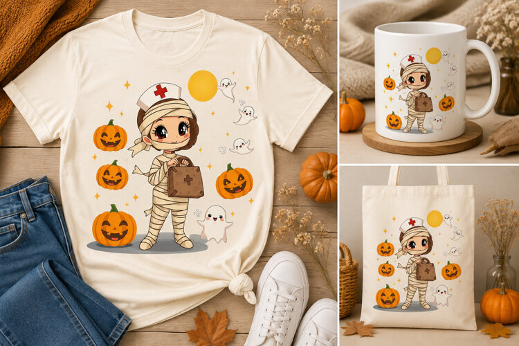 Halloween Mummy Nurse PNG | Cute Nurse Ghost Pumpkin Design example image 1
