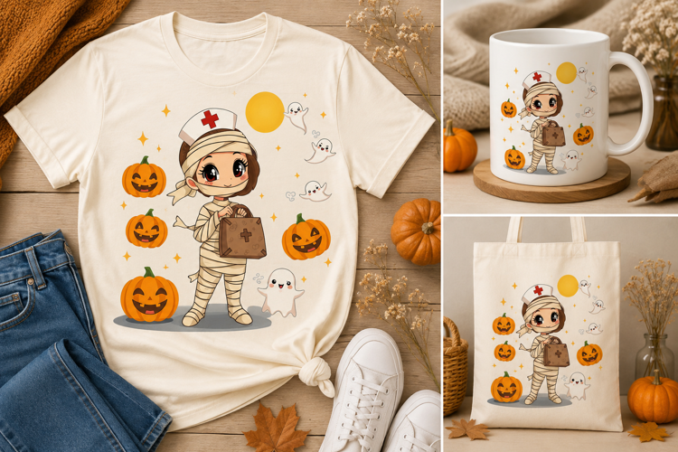 Halloween Mummy Nurse PNG | Cute Nurse Ghost Pumpkin Design