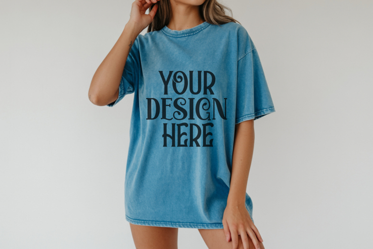Comfort Colors 1717 Topaz Blue T-shirt Mockups, Real Model