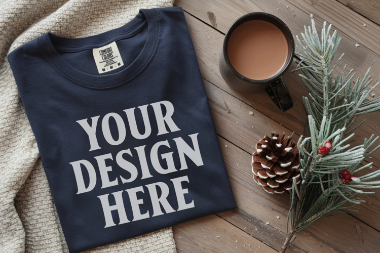 True Navy Comfort Colors 1717 Christmas Folded T-Shirt Mock