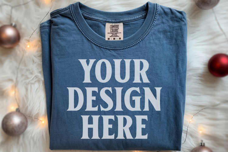 True Navy Comfort Colors 1717 Christmas Folded T-Shirt Mock
