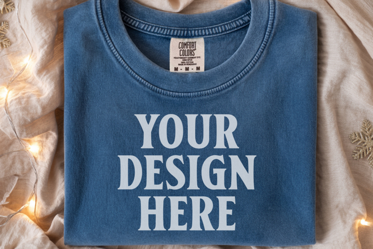 True Navy Comfort Colors 1717 Christmas Folded T-Shirt Mock