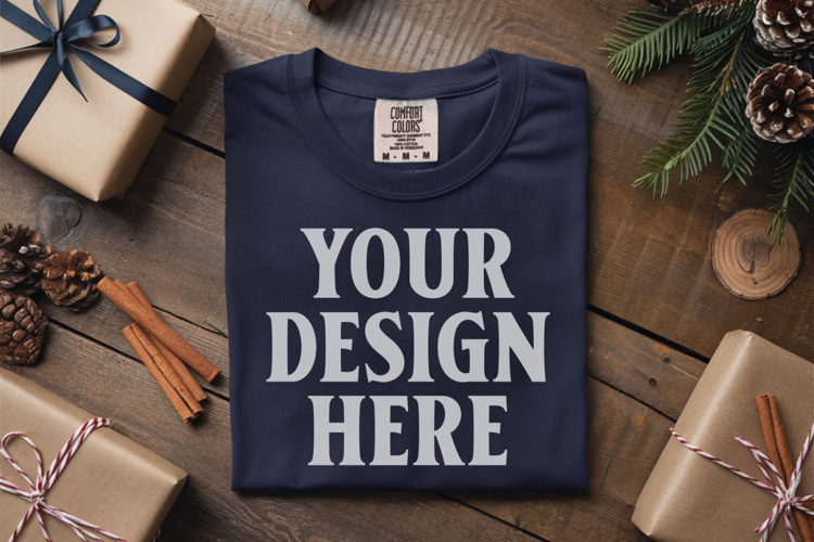 True Navy Comfort Colors 1717 Christmas Folded T-Shirt Mock