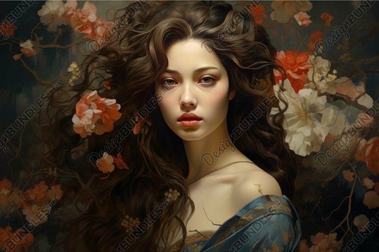 Artistic representation of a young woman with flowing hair a