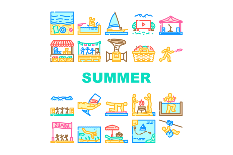summer spend time beach icons set vector