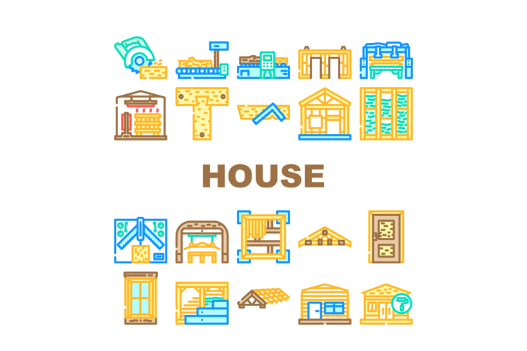 wood frame house construction icons set vector