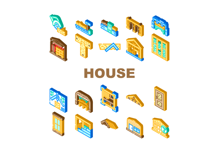 wood frame house construction icons set vector