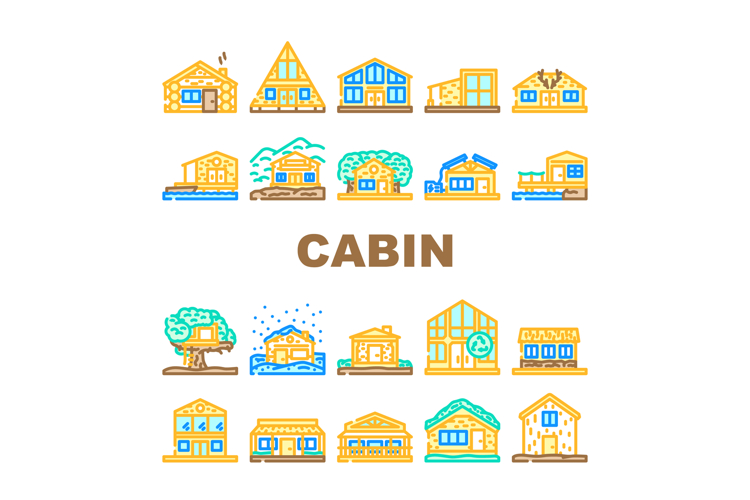 wooden cabin rustic cozy icons set vector