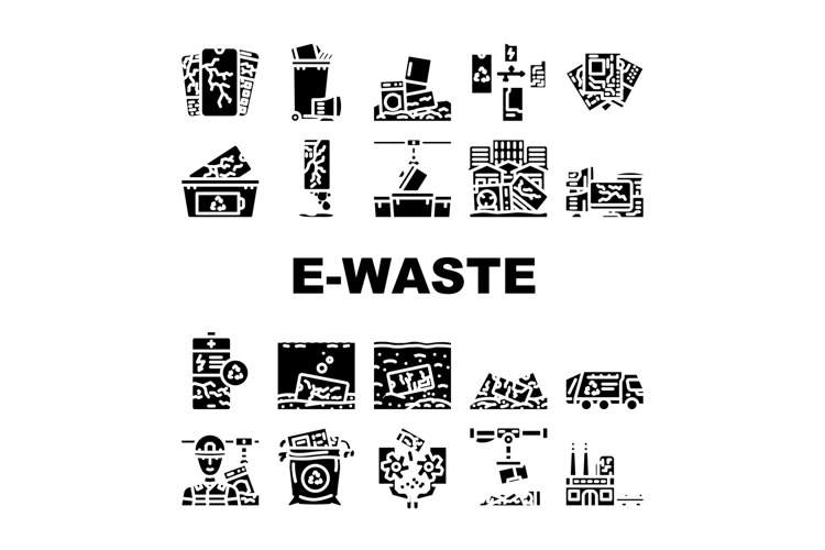 e waste pollution recycling icons set vector