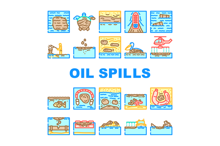 oil spills pollution icons set vector