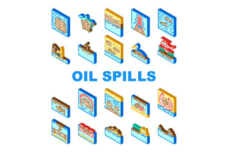 oil spills pollution icons set vector