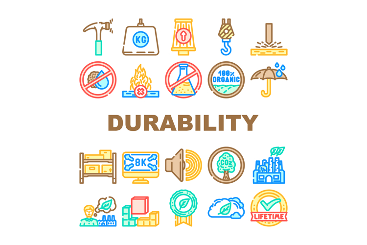 strength durability product icons set vector