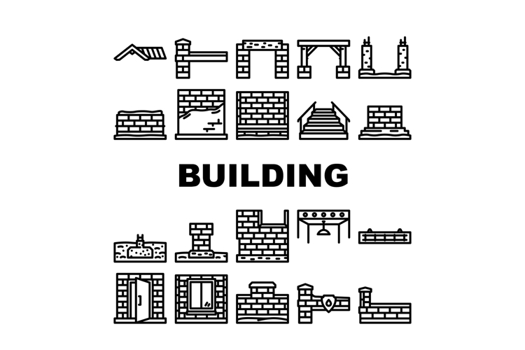 Building elements and construction structures line icons