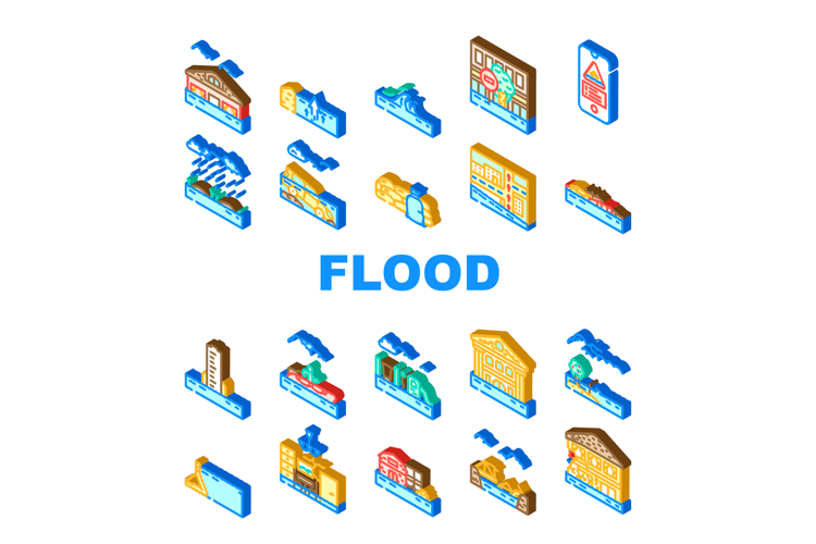 flood water disaster storm icons set vector