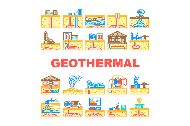 geothermal energy renewable heat icons set vector