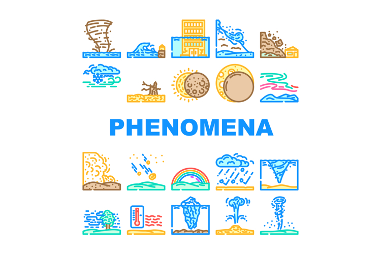natural phenomena eclipse tsunami icons set vector