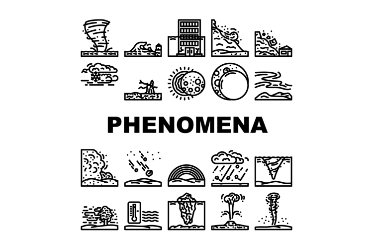 natural phenomena eclipse tsunami icons set vector