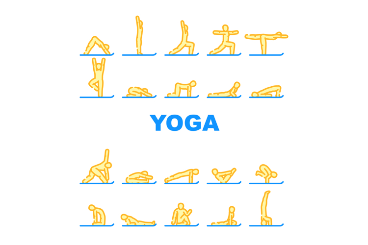 yoga exercises meditation icons set vector