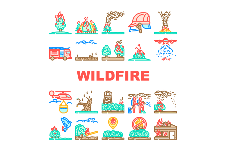 wildfire firestorm burn blaze icons set vector