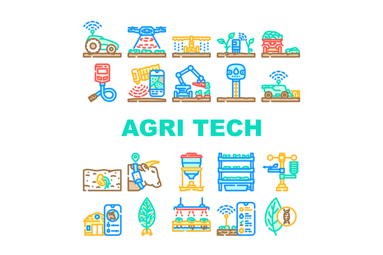 agri tech precision drones iot icons set vector