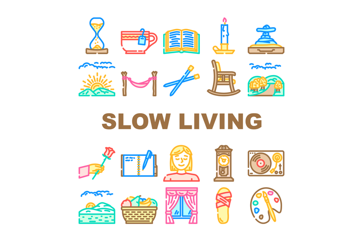 slow living mindfulness icons set vector
