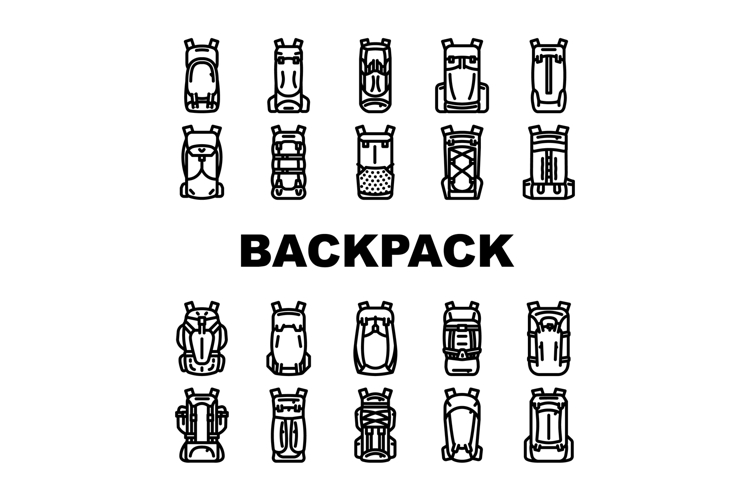 hiking backpack trail adventure icons set vector
