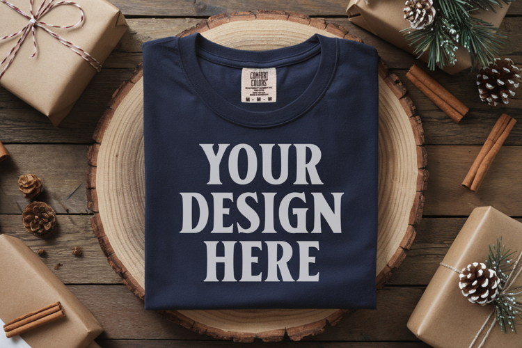 True Navy Comfort Colors 1717 Christmas Folded T-Shirt Mock