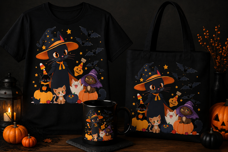 Halloween Black Cat Family PNG | Witch Cat & Kittens Clipart