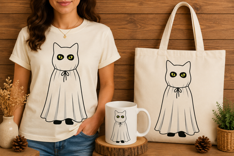 Spooky Cute Ghost Cat Halloween Costume Vector Design