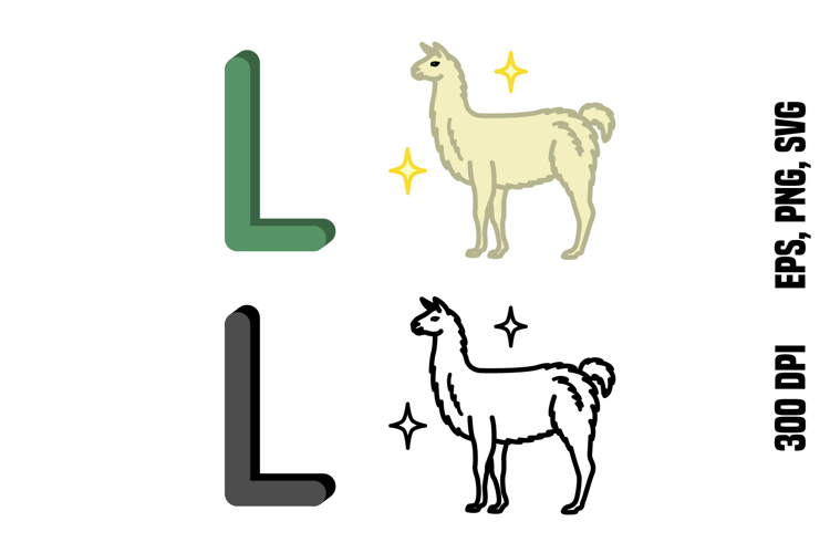 Letter L and Llama. Color and Line Vector