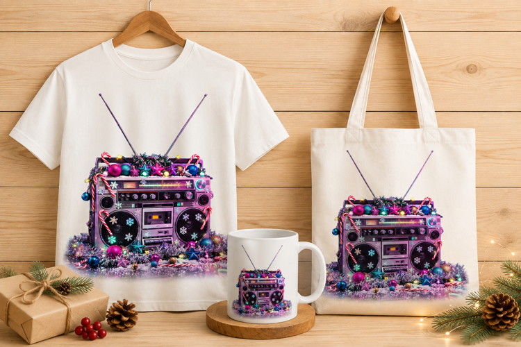 Retro Boombox Decorated with Christmas Lights and Ornaments