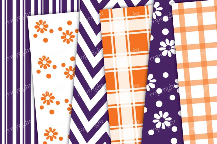 Chevron Floral Digital Paper - Purple & Orange Pattern example image 1