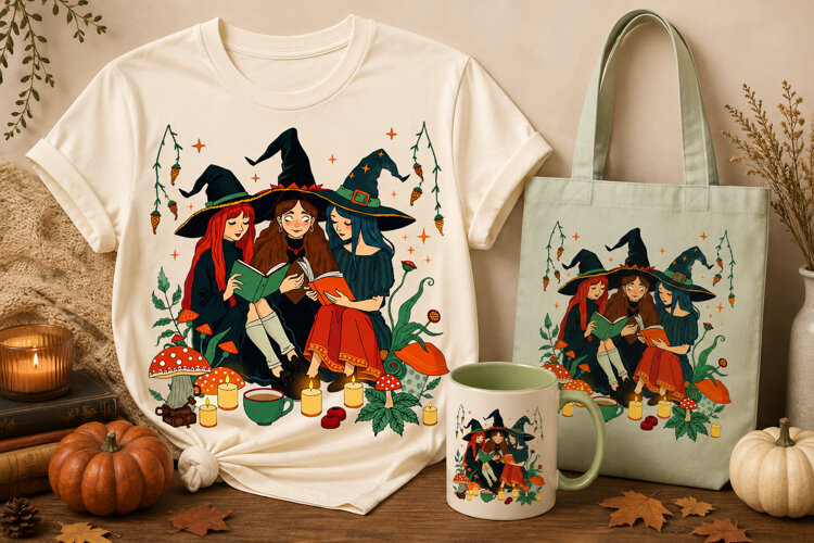Three Witches PNG | Halloween Coven, Books & Mushrooms example image 1