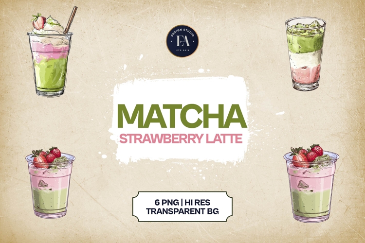 Matcha Strawberry Latte Clipart Bundle 6 PNG
