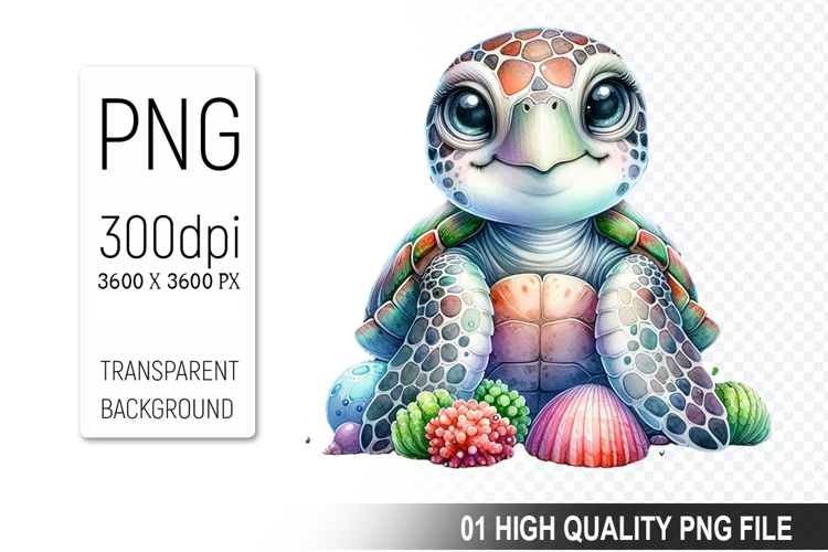 Floral Sea Turtle Clipart, Watercolor Sea Turtle PNG File