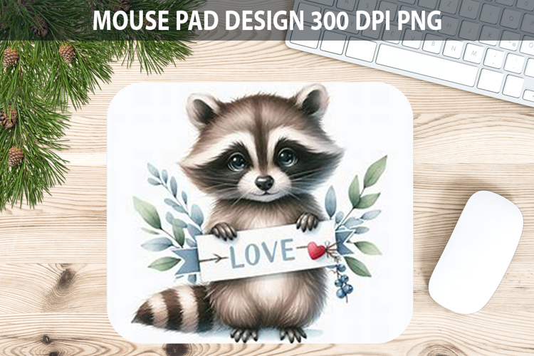 Watercolor Raccoon Mouse Pad Sublimation - Valentines PNG
