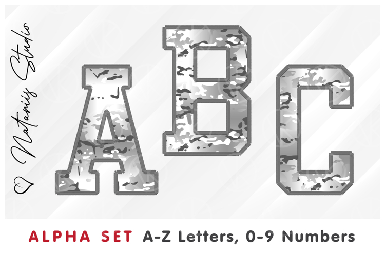White Camo Alpha Set. Letters Numbers Clipart.
