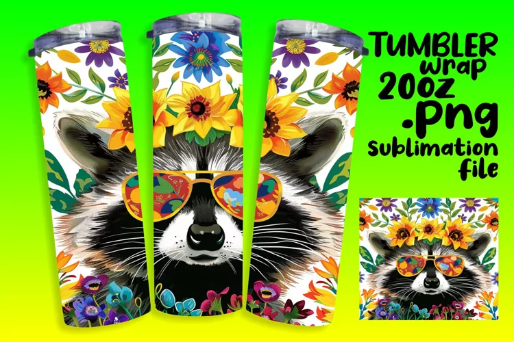 Happy Raccoon with Flower Tumbler Wrap 20oz Design