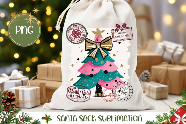 Colorful Christmas Tree Santa Sack PNG, Merry Christmas Bag