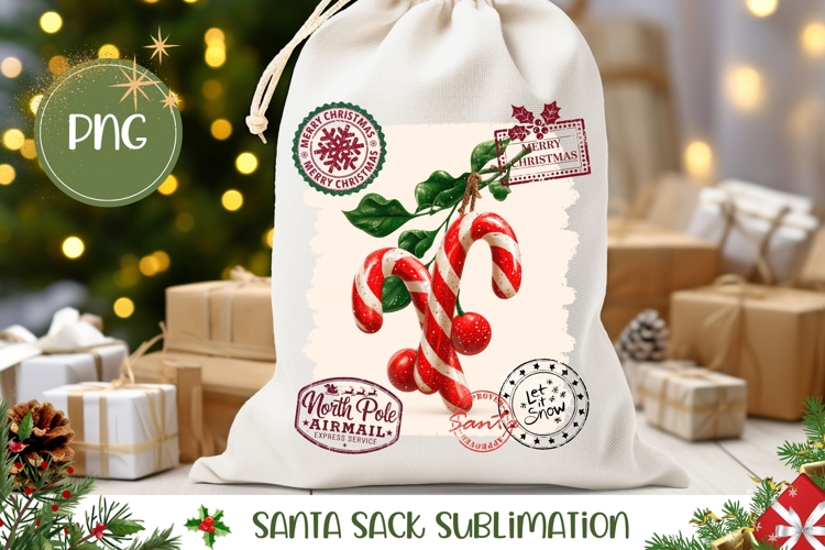 Christmas Candy Cane Santa Sack, Christmas Gift Bag Print