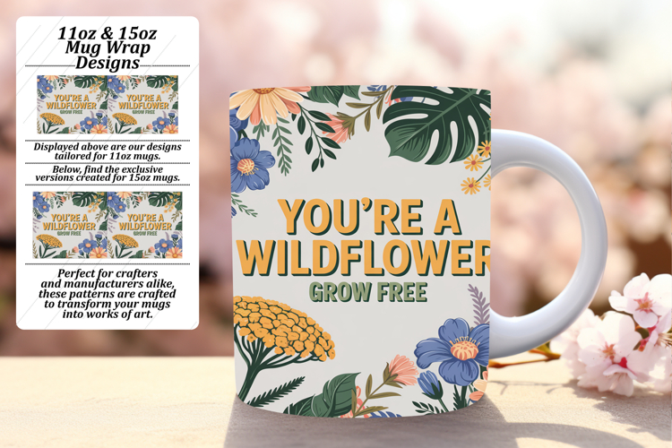 Unique 15oz Mug Wrap Png Design , Flower Quote